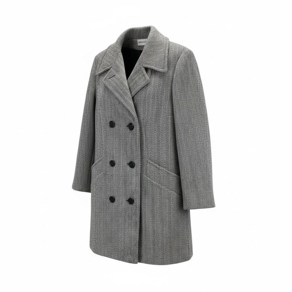 Vintage Black & White Herringbone Wool Peacoat Double Breasted Tailored Coat M